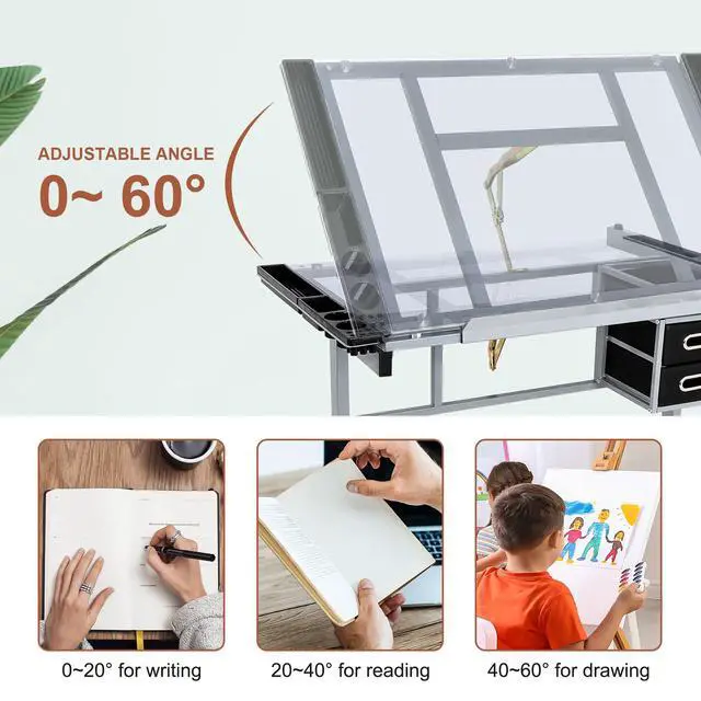 Alt view image 5 of 6 - Adjustable Drafting Table Art Desk Drawing Table Versatile Art Craft Work Station Glass Tabletop w/2 Slide Drawers and Wheels for Reading, Writing, Painting Home Office