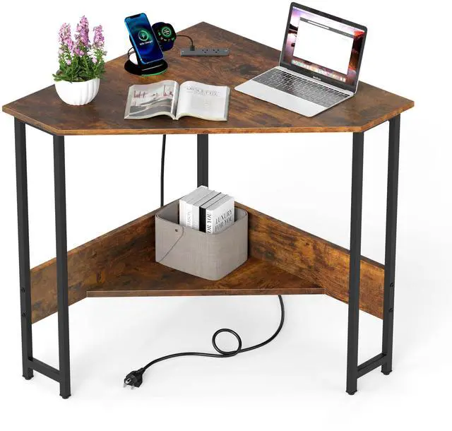Main image of Corner Desk with Power Outlet & USB Ports, Triangle Computer Desk with Charging Station, Storage Shelf, Space Saving Writing Desk, Vanity Table, Corner Desk for Small Space (Rustic Brown)