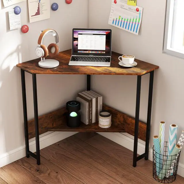 Alt view image 2 of 6 - Corner Desk with Power Outlet & USB Ports, Triangle Computer Desk with Charging Station, Storage Shelf, Space Saving Writing Desk, Vanity Table, Corner Desk for Small Space (Rustic Brown)