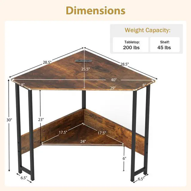 Alt view image 3 of 6 - Corner Desk with Power Outlet & USB Ports, Triangle Computer Desk with Charging Station, Storage Shelf, Space Saving Writing Desk, Vanity Table, Corner Desk for Small Space (Rustic Brown)
