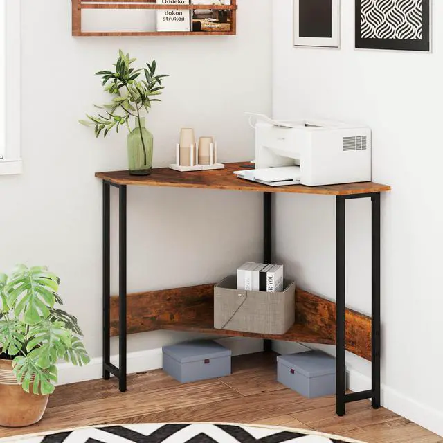 Alt view image 4 of 6 - Corner Desk with Power Outlet & USB Ports, Triangle Computer Desk with Charging Station, Storage Shelf, Space Saving Writing Desk, Vanity Table, Corner Desk for Small Space (Rustic Brown)