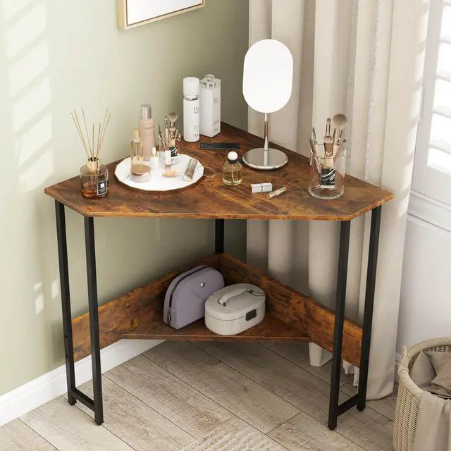 Alt view image 5 of 6 - Corner Desk with Power Outlet & USB Ports, Triangle Computer Desk with Charging Station, Storage Shelf, Space Saving Writing Desk, Vanity Table, Corner Desk for Small Space (Rustic Brown)