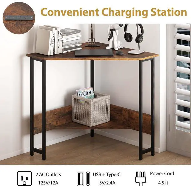 Alt view image 6 of 6 - Corner Desk with Power Outlet & USB Ports, Triangle Computer Desk with Charging Station, Storage Shelf, Space Saving Writing Desk, Vanity Table, Corner Desk for Small Space (Rustic Brown)