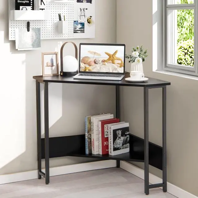 Alt view image 2 of 6 - Corner Desk with Power Outlet & USB Ports, Triangle Computer Desk with Charging Station, Storage Shelf, Space Saving Writing Desk, Vanity Table, Corner Desk for Small Space (Black)
