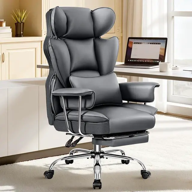 Main image of Big and Tall Office Chair 400LBS, Executive Ergonomic Leather Chair with Footrest, Wide Seat Gaming Office Chair with Pocket Spring Cushion, Reclining High Back Computer Desk Chair, Grey