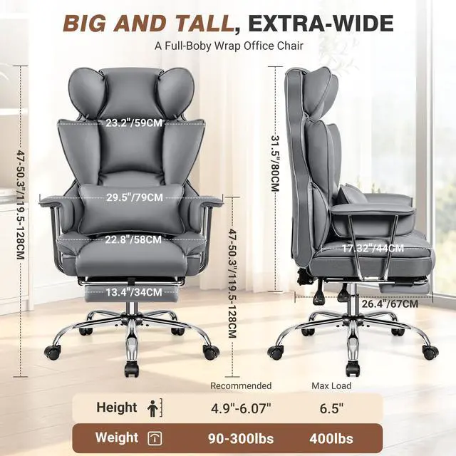 Alt view image 2 of 6 - Big and Tall Office Chair 400LBS, Executive Ergonomic Leather Chair with Footrest, Wide Seat Gaming Office Chair with Pocket Spring Cushion, Reclining High Back Computer Desk Chair, Grey