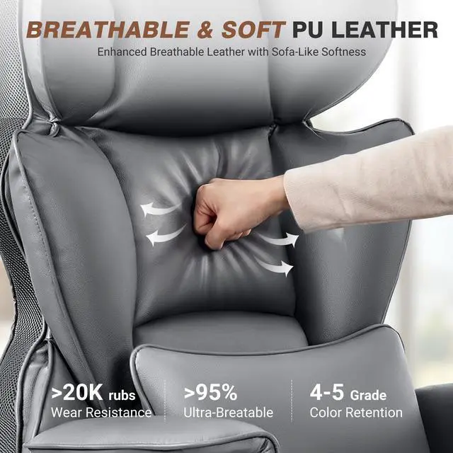 Alt view image 3 of 6 - Big and Tall Office Chair 400LBS, Executive Ergonomic Leather Chair with Footrest, Wide Seat Gaming Office Chair with Pocket Spring Cushion, Reclining High Back Computer Desk Chair, Grey