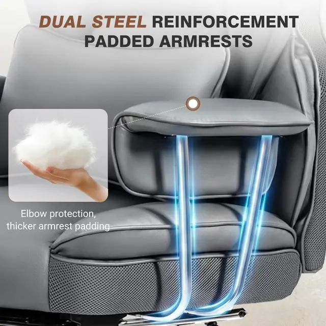 Alt view image 4 of 6 - Big and Tall Office Chair 400LBS, Executive Ergonomic Leather Chair with Footrest, Wide Seat Gaming Office Chair with Pocket Spring Cushion, Reclining High Back Computer Desk Chair, Grey