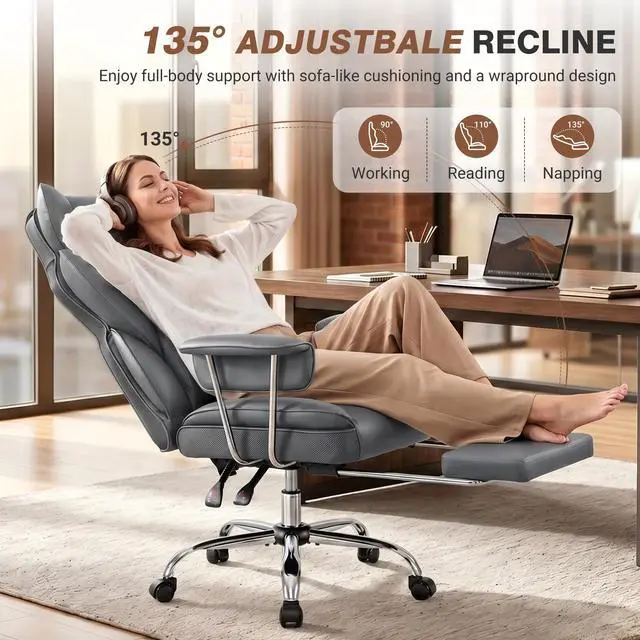Alt view image 6 of 6 - Big and Tall Office Chair 400LBS, Executive Ergonomic Leather Chair with Footrest, Wide Seat Gaming Office Chair with Pocket Spring Cushion, Reclining High Back Computer Desk Chair, Grey