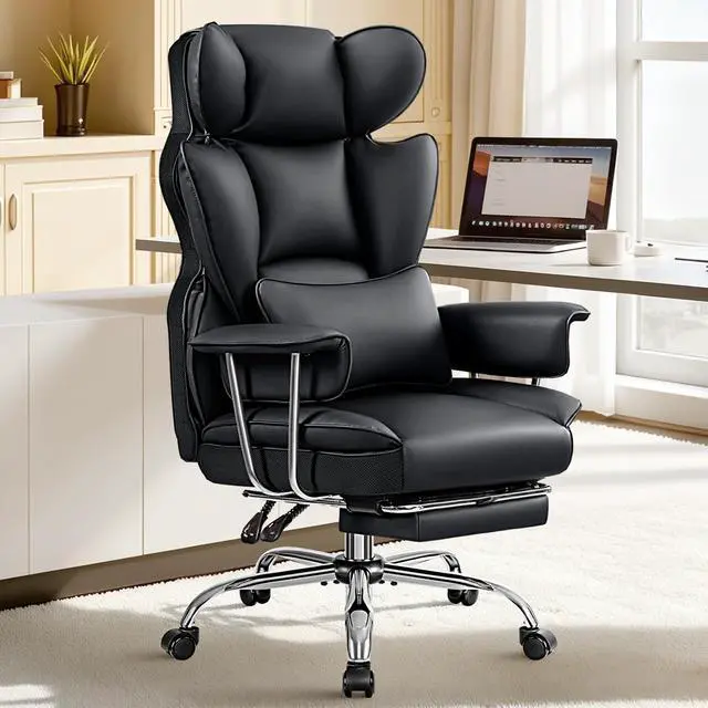 Main image of Big and Tall Office Chair 400LBS, Executive Ergonomic Leather Chair with Footrest, Wide Seat Gaming Office Chair with Pocket Spring Cushion, Reclining High Back Computer Desk Chair, Black