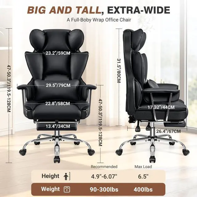 Alt view image 2 of 6 - Big and Tall Office Chair 400LBS, Executive Ergonomic Leather Chair with Footrest, Wide Seat Gaming Office Chair with Pocket Spring Cushion, Reclining High Back Computer Desk Chair, Black