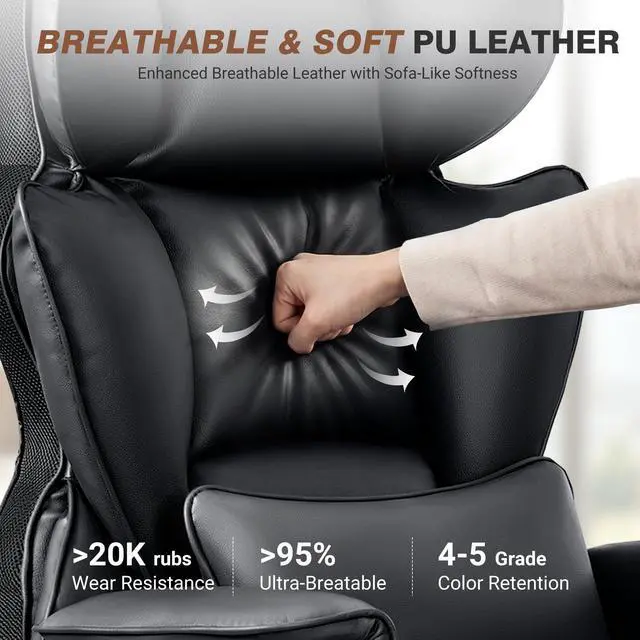 Alt view image 3 of 6 - Big and Tall Office Chair 400LBS, Executive Ergonomic Leather Chair with Footrest, Wide Seat Gaming Office Chair with Pocket Spring Cushion, Reclining High Back Computer Desk Chair, Black