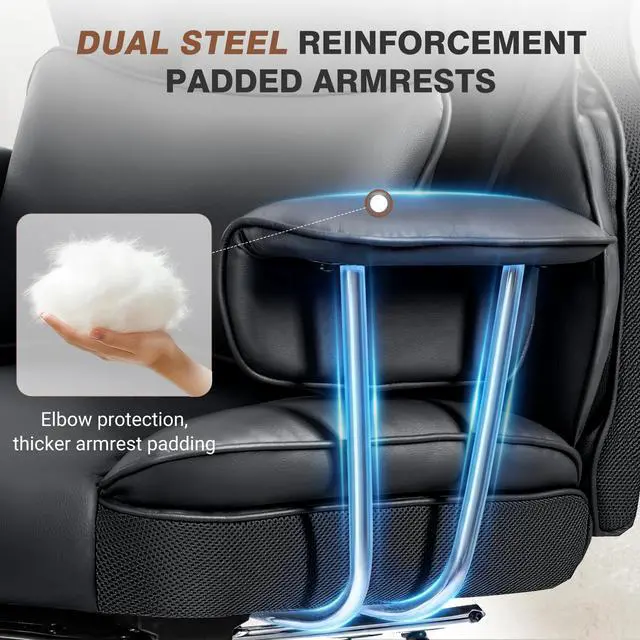 Alt view image 4 of 6 - Big and Tall Office Chair 400LBS, Executive Ergonomic Leather Chair with Footrest, Wide Seat Gaming Office Chair with Pocket Spring Cushion, Reclining High Back Computer Desk Chair, Black