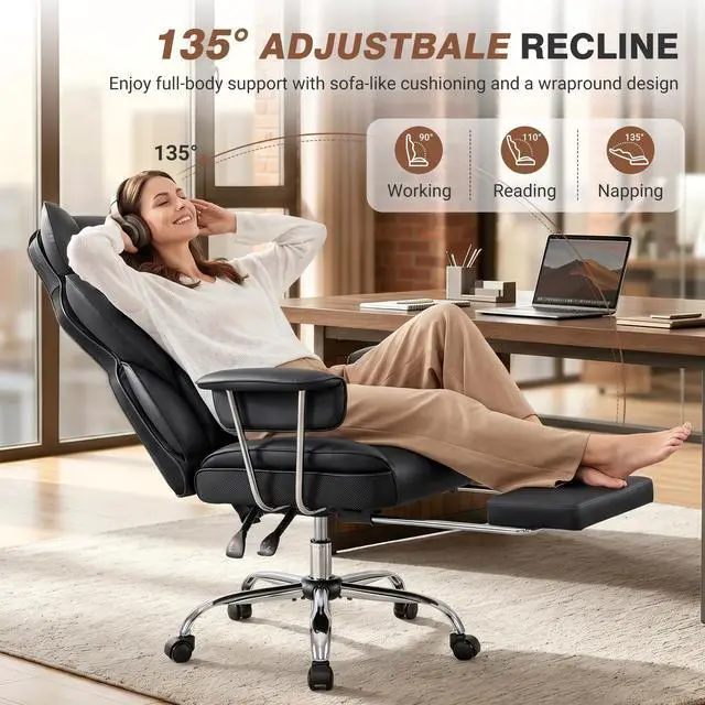 Alt view image 6 of 6 - Big and Tall Office Chair 400LBS, Executive Ergonomic Leather Chair with Footrest, Wide Seat Gaming Office Chair with Pocket Spring Cushion, Reclining High Back Computer Desk Chair, Black