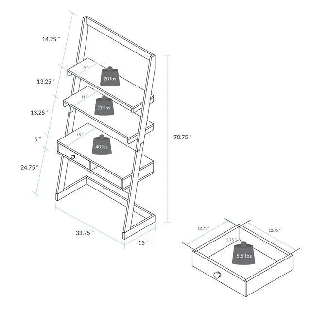 Alt view image 3 of 6 - Freestanding Ladder Desk with Drawer, Natural