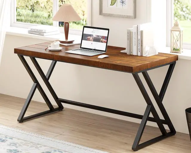 Main image of Real Wood Computer Desk, Modern Natural Wood Home Office Desk, Rustic Solid Wood Work Study Writing Desk, Farmhouse Workstation PC Gaming Executive Table for Bedroom, Brown, 47 inch