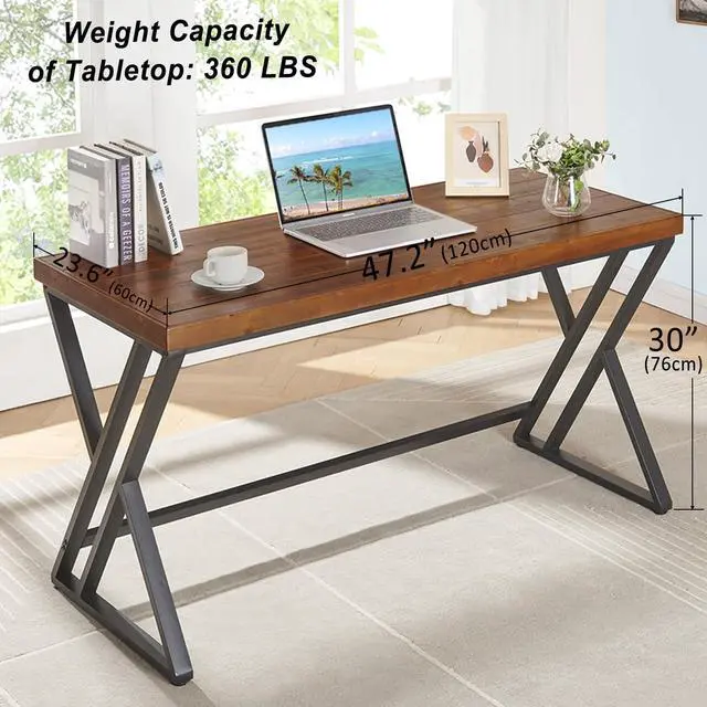 Alt view image 2 of 6 - Real Wood Computer Desk, Modern Natural Wood Home Office Desk, Rustic Solid Wood Work Study Writing Desk, Farmhouse Workstation PC Gaming Executive Table for Bedroom, Brown, 47 inch