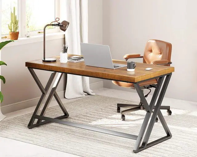 Alt view image 3 of 6 - Real Wood Computer Desk, Modern Natural Wood Home Office Desk, Rustic Solid Wood Work Study Writing Desk, Farmhouse Workstation PC Gaming Executive Table for Bedroom, Brown, 47 inch