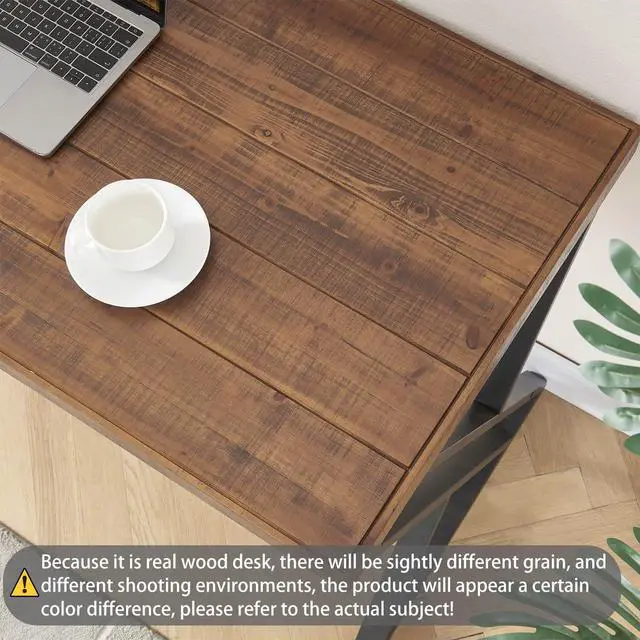 Alt view image 4 of 6 - Real Wood Computer Desk, Modern Natural Wood Home Office Desk, Rustic Solid Wood Work Study Writing Desk, Farmhouse Workstation PC Gaming Executive Table for Bedroom, Brown, 47 inch
