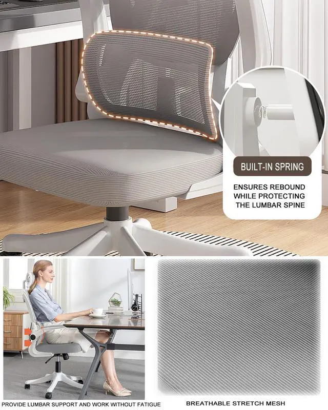 Alt view image 3 of 6 - Office Chair Mesh Desk Chair, Ergonomic High-Back Rolling Gaming Work Chairs with Wheels and Adjustable Headrests,Comfortable Flip-up Arms for Home,Bedroom,Study Gaming