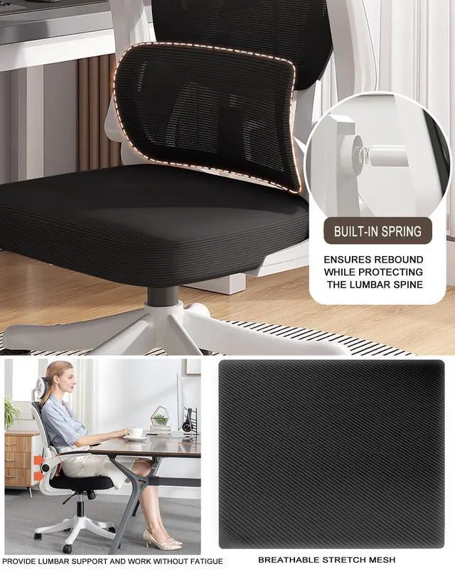 Alt view image 3 of 6 - Office Chair Mesh Desk Chair, Ergonomic High-Back Rolling Gaming Work Chairs with Wheels and Adjustable Headrests,Comfortable Flip-up Arms for Home,Bedroom,Study Gaming