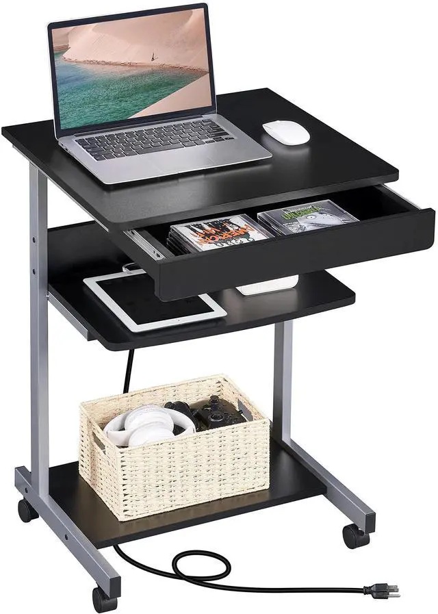 Main image of Mobile Laptop Desk Compact Computer Table on Wheels with Power Outlet and USB Ports, Home Office Writing Desk with Charging Station and Printer Shelf Small Desk 22in for Space Saving, Black