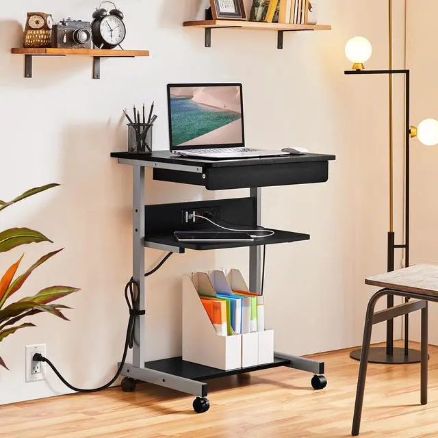 Alt view image 2 of 6 - Mobile Laptop Desk Compact Computer Table on Wheels with Power Outlet and USB Ports, Home Office Writing Desk with Charging Station and Printer Shelf Small Desk 22in for Space Saving, Black