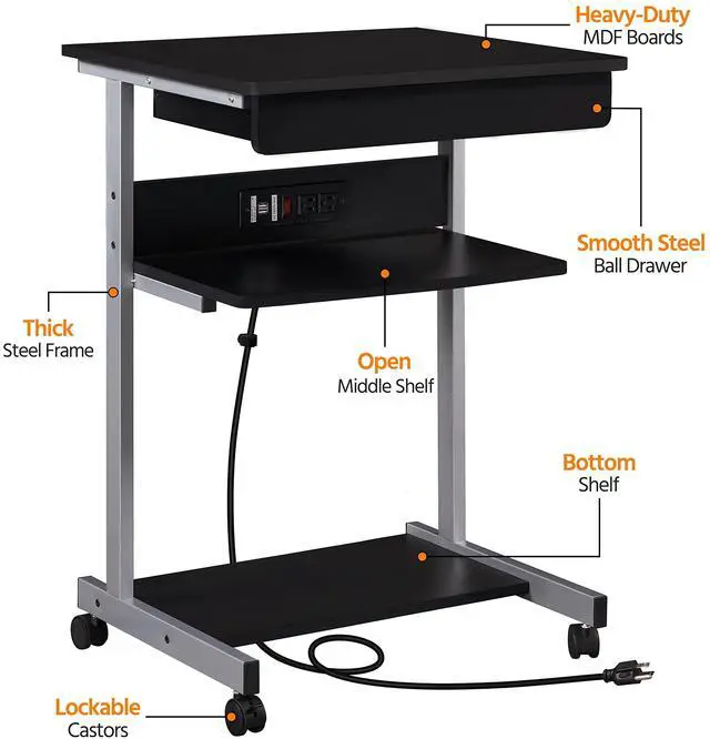 Alt view image 5 of 6 - Mobile Laptop Desk Compact Computer Table on Wheels with Power Outlet and USB Ports, Home Office Writing Desk with Charging Station and Printer Shelf Small Desk 22in for Space Saving, Black