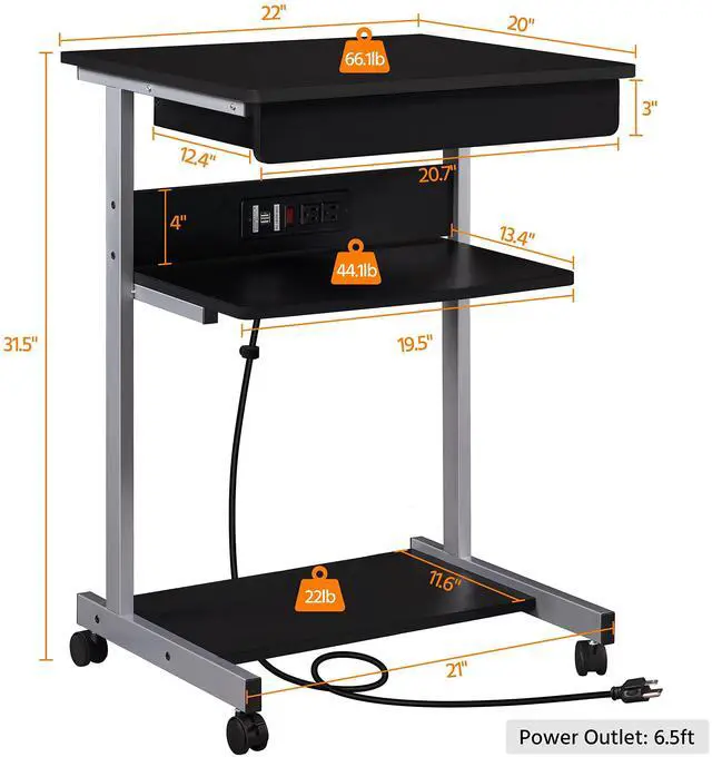 Alt view image 6 of 6 - Mobile Laptop Desk Compact Computer Table on Wheels with Power Outlet and USB Ports, Home Office Writing Desk with Charging Station and Printer Shelf Small Desk 22in for Space Saving, Black