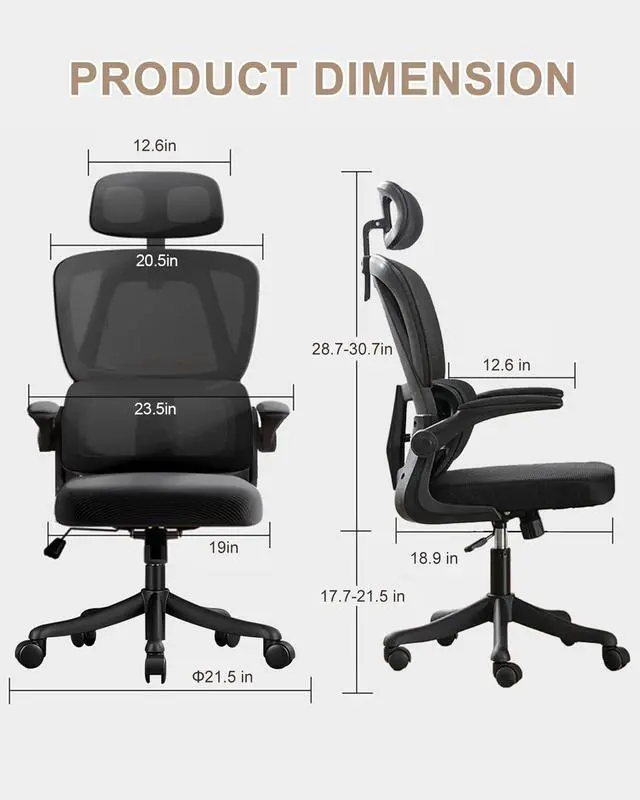 Alt view image 2 of 6 - Office Chair Mesh Desk Chair, Ergonomic High-Back Rolling Gaming Work Chairs with Wheels and Adjustable Headrests,Comfortable Flip-up Arms for Home,Bedroom,Study Gaming