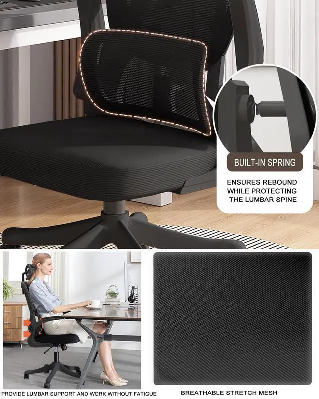 Alt view image 3 of 6 - Office Chair Mesh Desk Chair, Ergonomic High-Back Rolling Gaming Work Chairs with Wheels and Adjustable Headrests,Comfortable Flip-up Arms for Home,Bedroom,Study Gaming