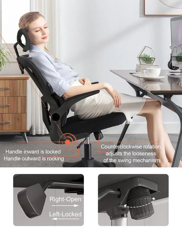 Alt view image 5 of 6 - Office Chair Mesh Desk Chair, Ergonomic High-Back Rolling Gaming Work Chairs with Wheels and Adjustable Headrests,Comfortable Flip-up Arms for Home,Bedroom,Study Gaming