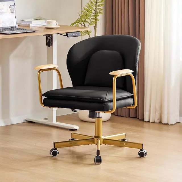 Main image of Leather Office Chairs,Gold Office Chair, Adjustable Swivel Computer Chair with Golden Legs and Wooden Padded Armrest, Modern Upholstered Task Chair with Wheels,Black