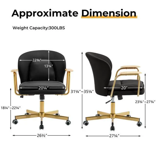Alt view image 2 of 6 - Leather Office Chairs,Gold Office Chair, Adjustable Swivel Computer Chair with Golden Legs and Wooden Padded Armrest, Modern Upholstered Task Chair with Wheels,Black