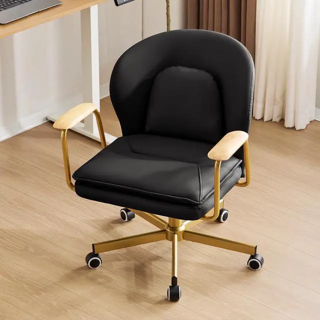 Alt view image 3 of 6 - Leather Office Chairs,Gold Office Chair, Adjustable Swivel Computer Chair with Golden Legs and Wooden Padded Armrest, Modern Upholstered Task Chair with Wheels,Black