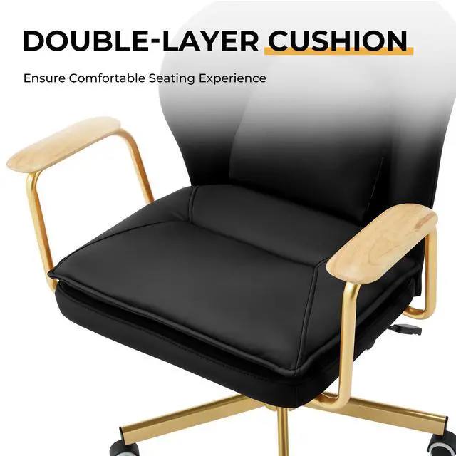 Alt view image 4 of 6 - Leather Office Chairs,Gold Office Chair, Adjustable Swivel Computer Chair with Golden Legs and Wooden Padded Armrest, Modern Upholstered Task Chair with Wheels,Black