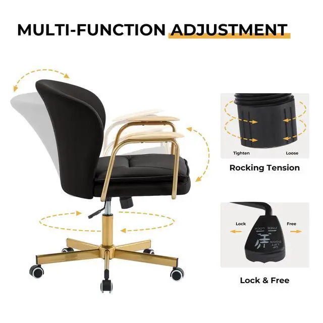 Alt view image 5 of 6 - Leather Office Chairs,Gold Office Chair, Adjustable Swivel Computer Chair with Golden Legs and Wooden Padded Armrest, Modern Upholstered Task Chair with Wheels,Black