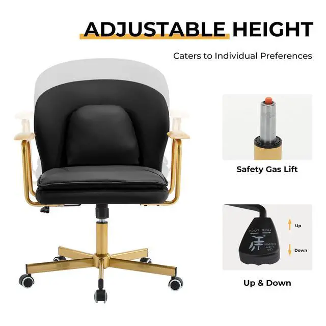 Alt view image 6 of 6 - Leather Office Chairs,Gold Office Chair, Adjustable Swivel Computer Chair with Golden Legs and Wooden Padded Armrest, Modern Upholstered Task Chair with Wheels,Black