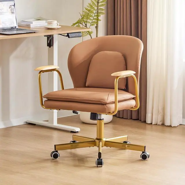 Main image of Leather Office Chairs, Gold Office Chair, Adjustable Swivel Computer Chair with Golden Legs and Wooden Padded Armrest, Modern Upholstered Task Chair with Wheels,Brown