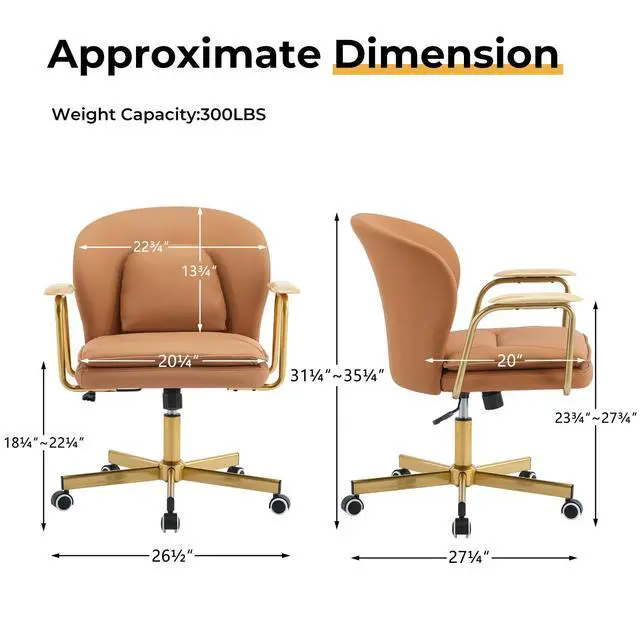 Alt view image 2 of 6 - Leather Office Chairs, Gold Office Chair, Adjustable Swivel Computer Chair with Golden Legs and Wooden Padded Armrest, Modern Upholstered Task Chair with Wheels,Brown