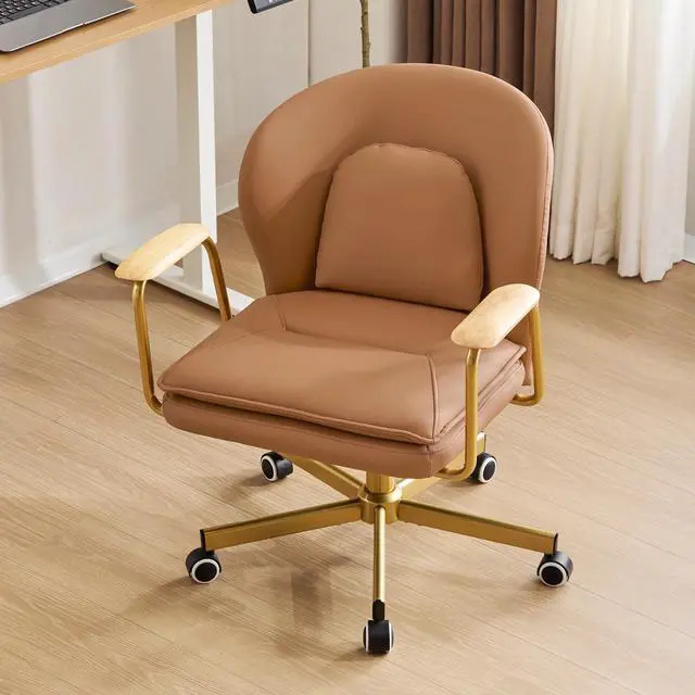 Alt view image 3 of 6 - Leather Office Chairs, Gold Office Chair, Adjustable Swivel Computer Chair with Golden Legs and Wooden Padded Armrest, Modern Upholstered Task Chair with Wheels,Brown