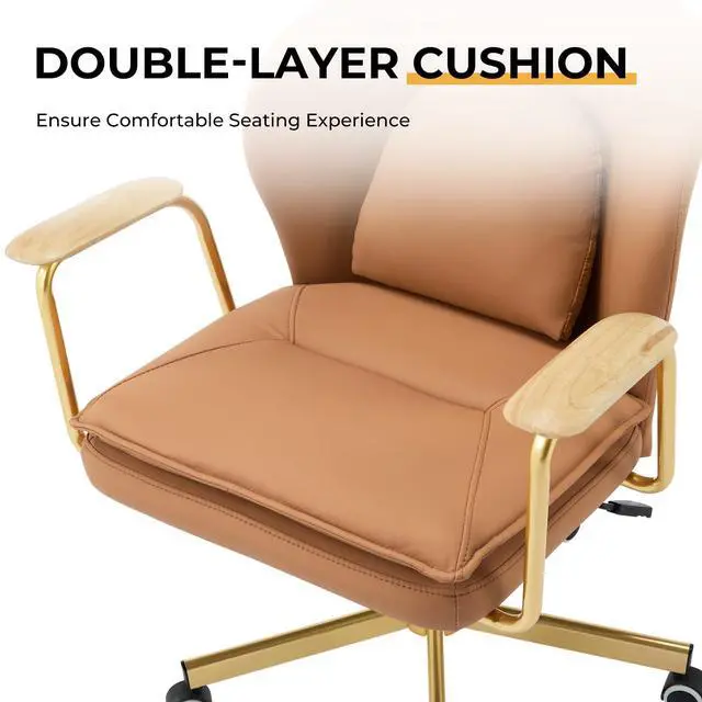 Alt view image 4 of 6 - Leather Office Chairs, Gold Office Chair, Adjustable Swivel Computer Chair with Golden Legs and Wooden Padded Armrest, Modern Upholstered Task Chair with Wheels,Brown