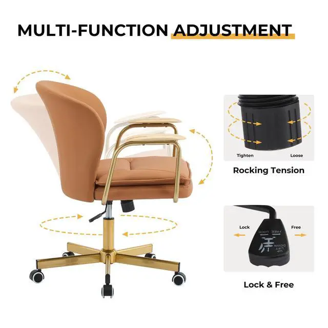 Alt view image 5 of 6 - Leather Office Chairs, Gold Office Chair, Adjustable Swivel Computer Chair with Golden Legs and Wooden Padded Armrest, Modern Upholstered Task Chair with Wheels,Brown