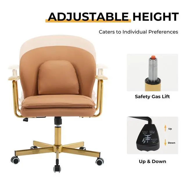 Alt view image 6 of 6 - Leather Office Chairs, Gold Office Chair, Adjustable Swivel Computer Chair with Golden Legs and Wooden Padded Armrest, Modern Upholstered Task Chair with Wheels,Brown