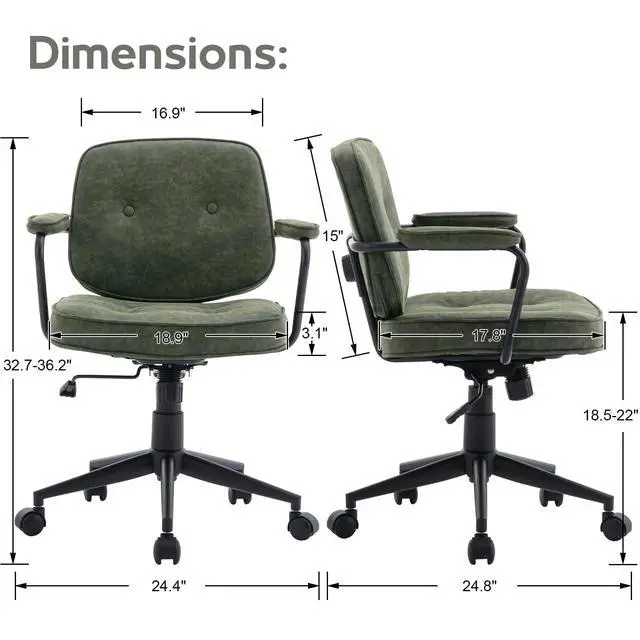 Alt view image 2 of 6 - Comfy Green PU Leather Desk Chair, 360° Swivel Task Chair with Armrest, Thickened Seat, Tiltable & Button Tufted Design for Home Office Computer Use