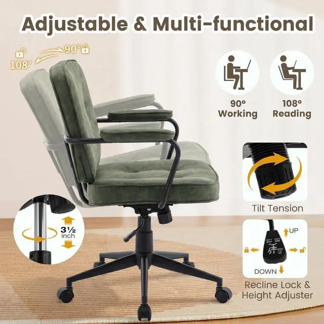 Alt view image 3 of 6 - Comfy Green PU Leather Desk Chair, 360° Swivel Task Chair with Armrest, Thickened Seat, Tiltable & Button Tufted Design for Home Office Computer Use