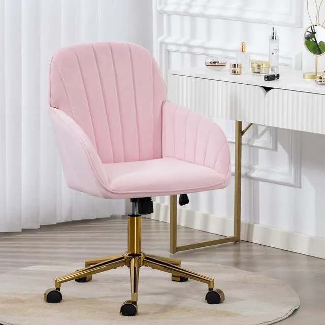 Main image of Home Office Chair, Velvet Modern Makeup Vanity Chair with Gold Base and Wheels, Height Adjustable Swivel Desk Chair for Living Room Bedroom Study Room, Pink