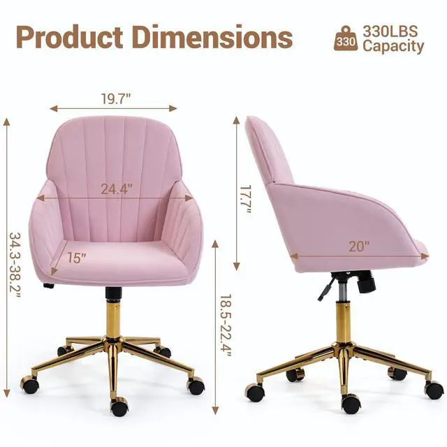 Alt view image 2 of 6 - Home Office Chair, Velvet Modern Makeup Vanity Chair with Gold Base and Wheels, Height Adjustable Swivel Desk Chair for Living Room Bedroom Study Room, Pink