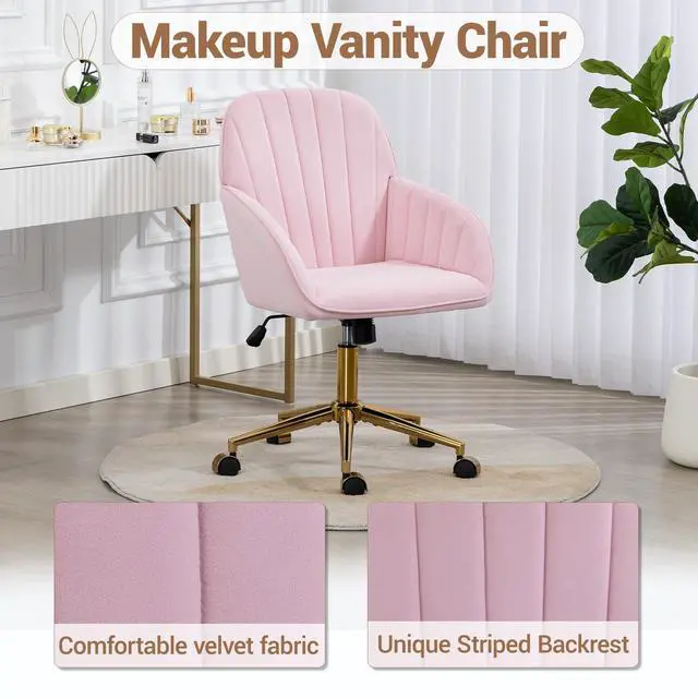 Alt view image 3 of 6 - Home Office Chair, Velvet Modern Makeup Vanity Chair with Gold Base and Wheels, Height Adjustable Swivel Desk Chair for Living Room Bedroom Study Room, Pink
