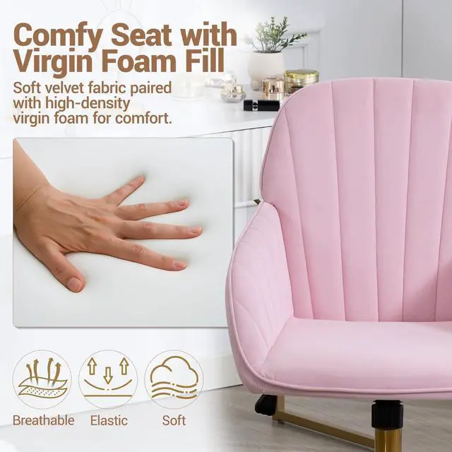 Alt view image 4 of 6 - Home Office Chair, Velvet Modern Makeup Vanity Chair with Gold Base and Wheels, Height Adjustable Swivel Desk Chair for Living Room Bedroom Study Room, Pink